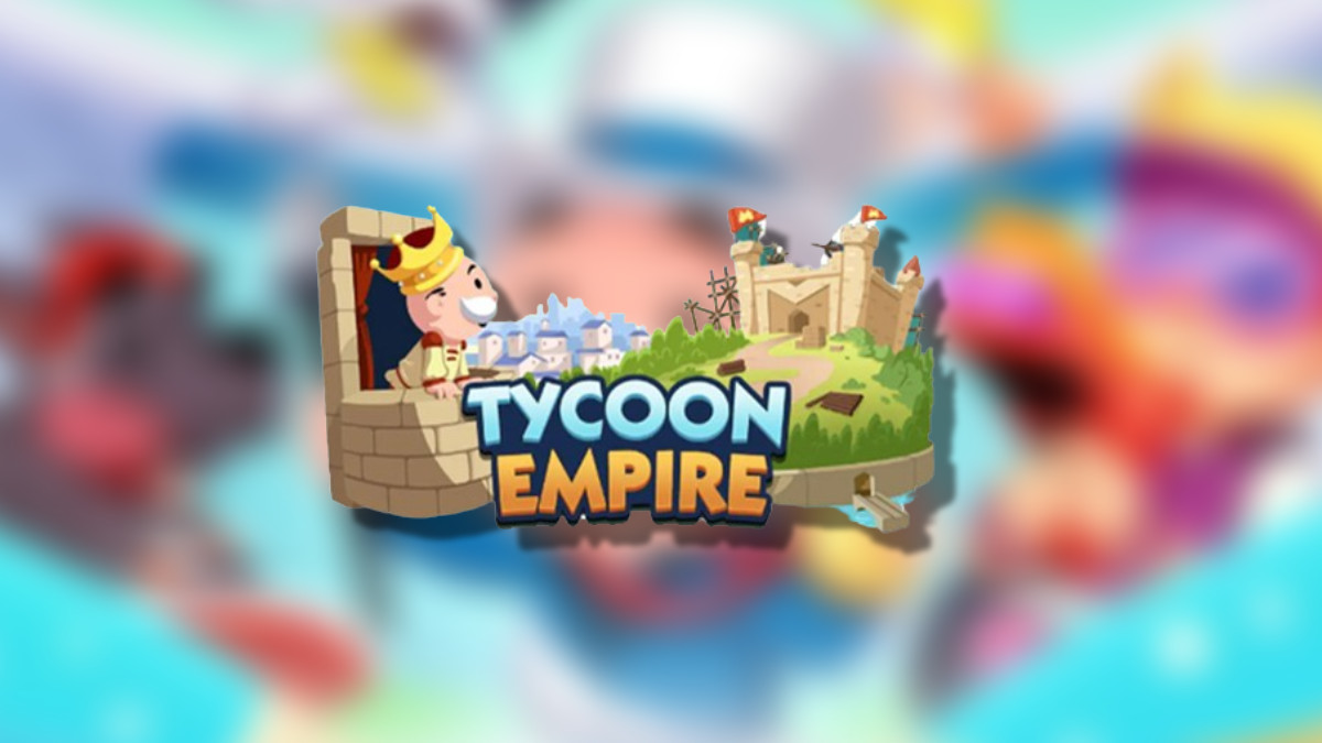 The Tycoon Empire logo on top of a blurred Monopoly GO background in an article detailing all the rewards and milestones for this event