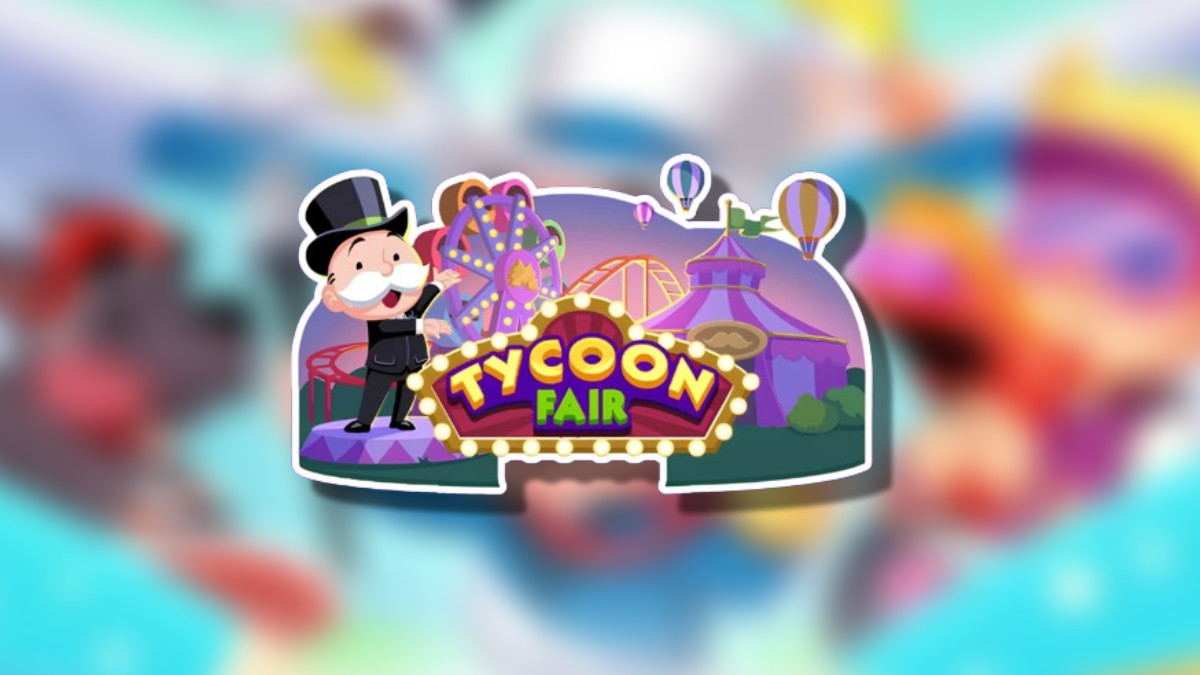 The Monopoly GO Tycoon Fair logo on top of a blurred Monopoly GO background in an article detailing all of the rewards and milestones players can earn during the event