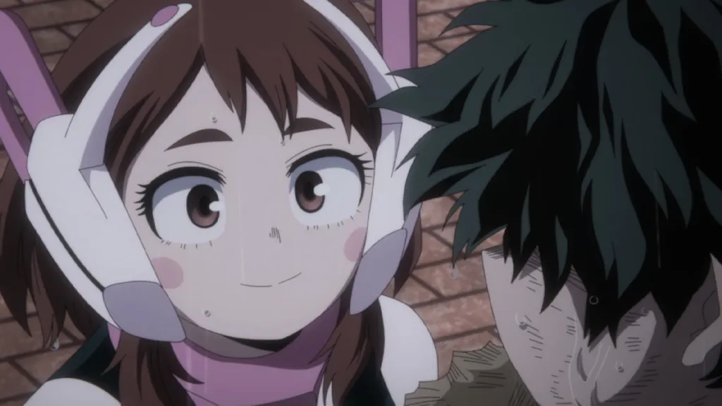 Uraraka staring at Deku in My Hero Academia