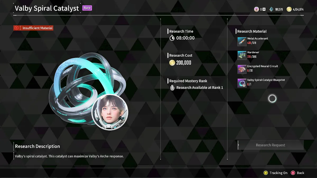 Image of Valby Spiral Catalyst research menu in The First Descendant, which requires metal accelerant 