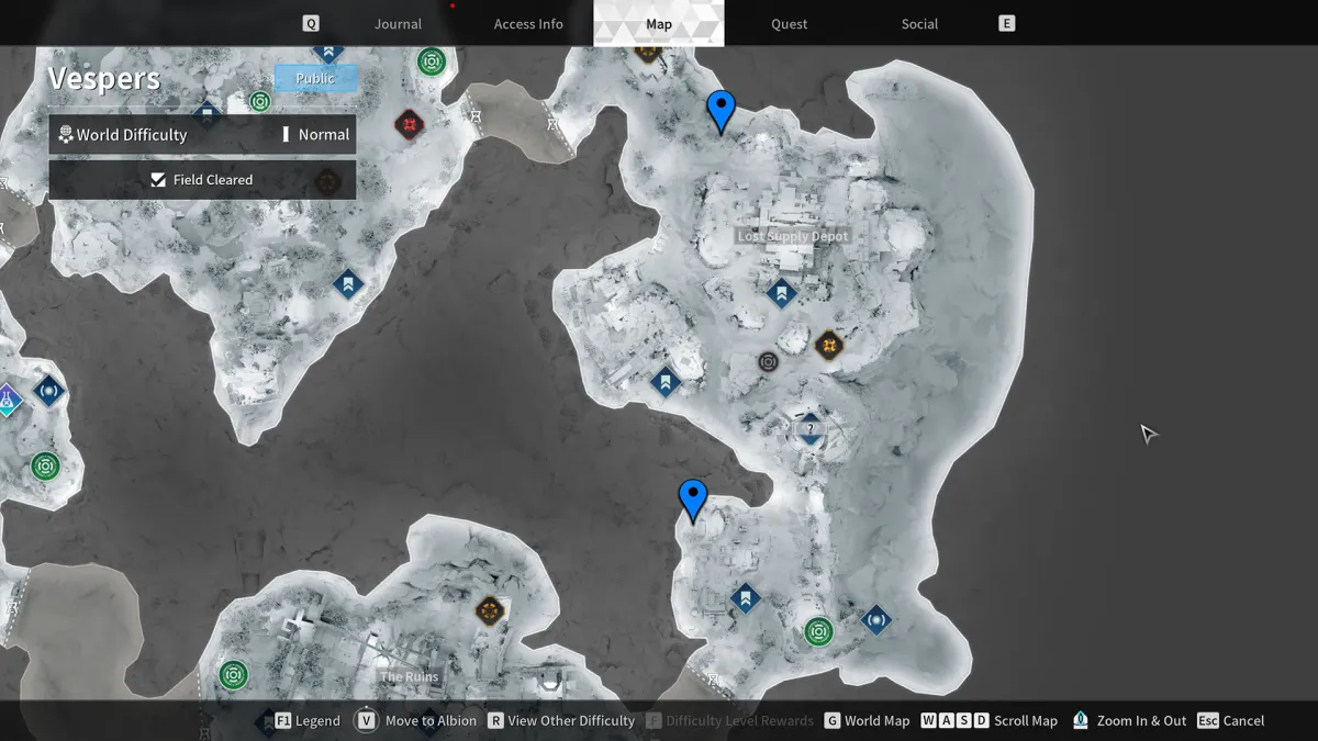 Image of the Vespers map with several blue stamps indicating the location of a possible Encrypted Vault spawn in The First Descendant, necessary for farming Conductive Metallic Foil