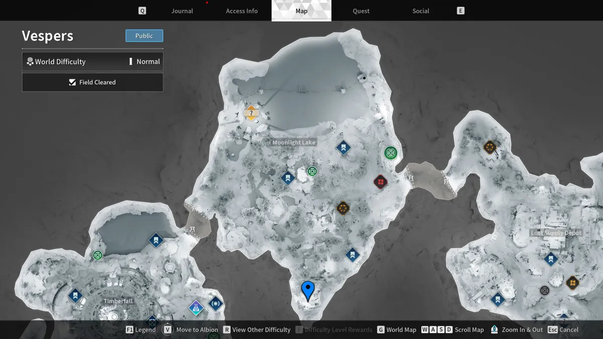 Image of the Vespers map with several blue stamps indicating the location of a possible Encrypted Vault spawn in The First Descendant, necessary for farming Conductive Metallic Foil