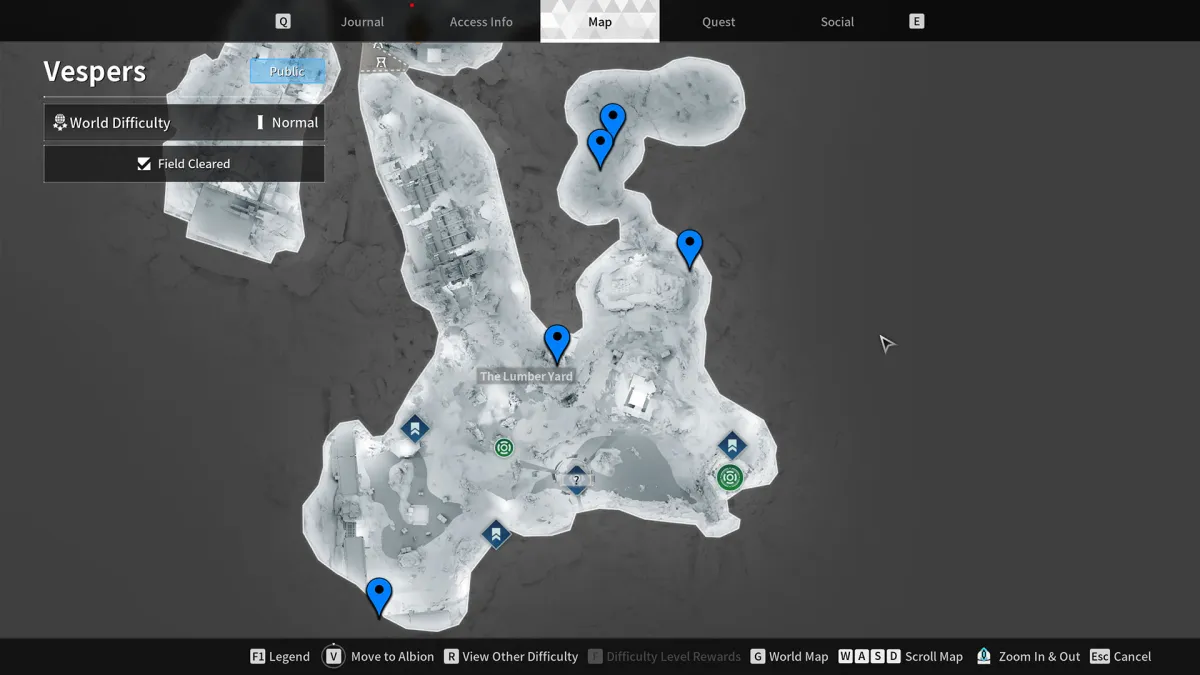 Image of the Vespers map with several blue stamps indicating the location of a possible Encrypted Vault spawn in The First Descendant, necessary for farming Conductive Metallic Foil