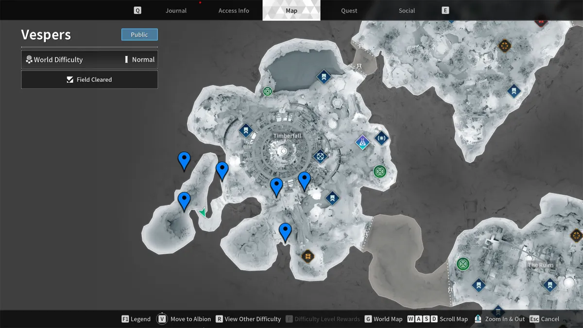 Image of the Vespers map with several blue stamps indicating the location of a possible Encrypted Vault spawn