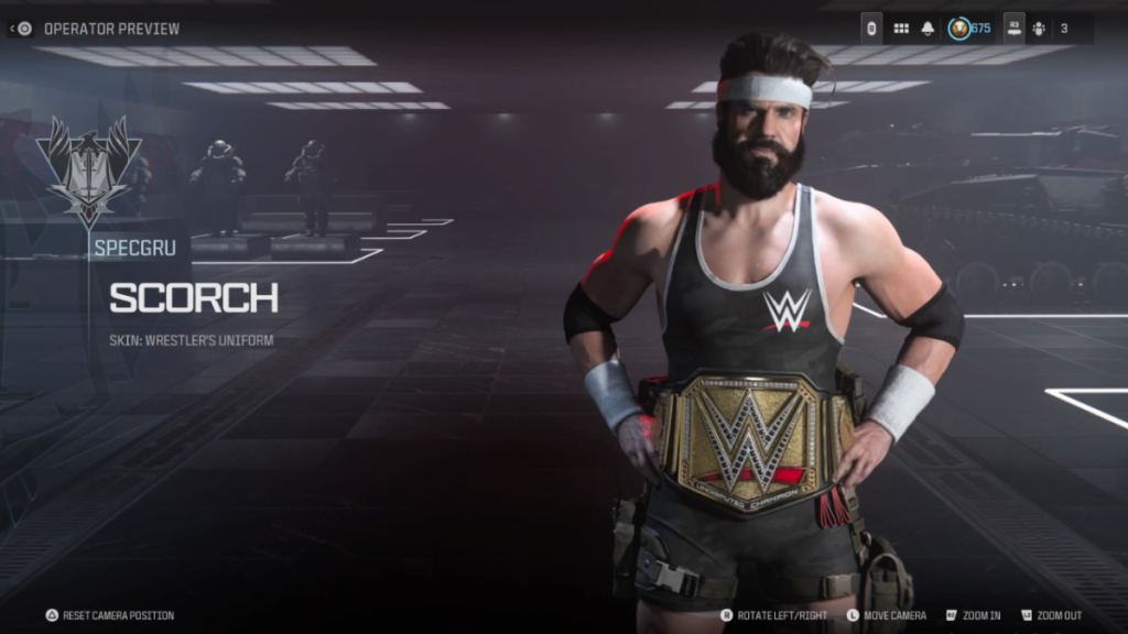 The Wrestler's Uniform Operator skin in MW3 as part of an article about the WWE event rewards.