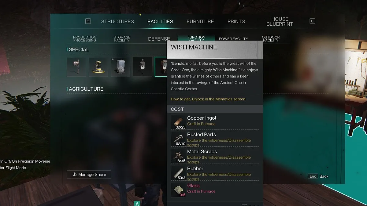 Image of the Facilities menu in Once Human, with the cursor hovering over the Wish Machine