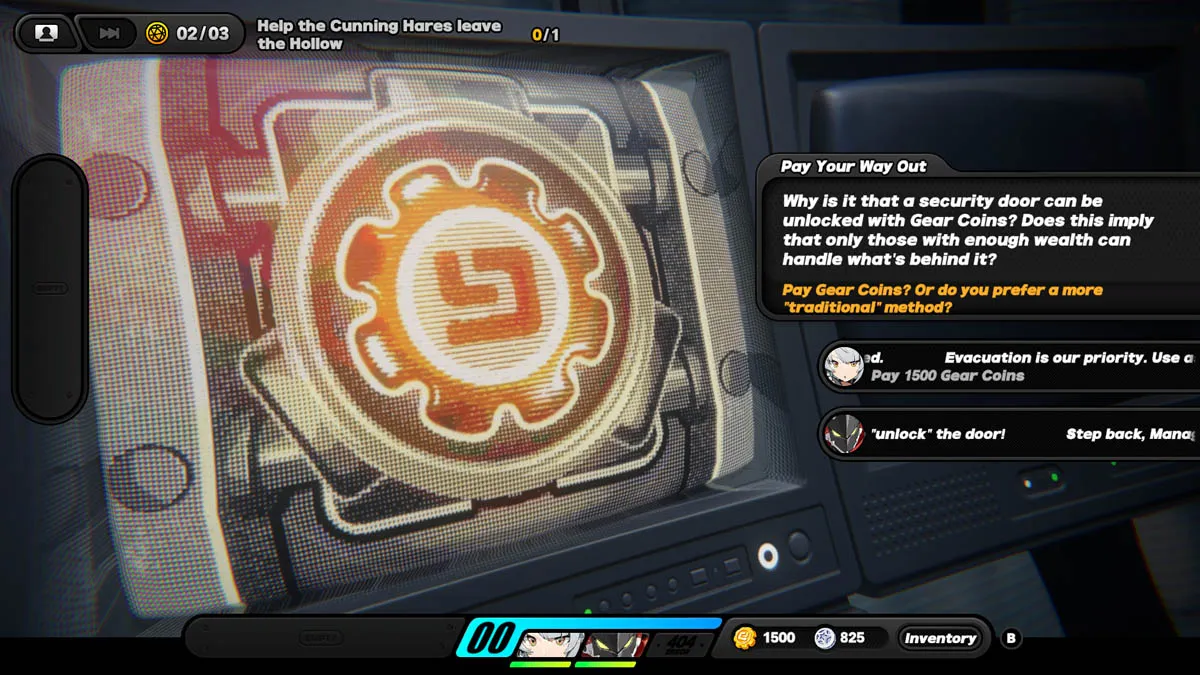 Image of the security door screen in Zenless Zone Zero with the optoin to use Gear Coins 