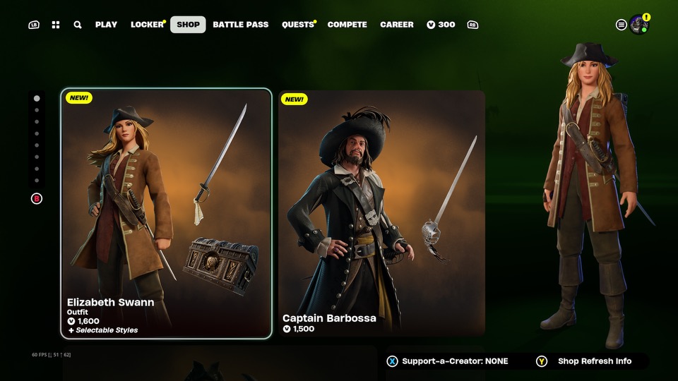 Pirates of the Caribbean skins in Fortnite as part of an article about how to unlock every Pirates of the Caribbean item in Fortnite.