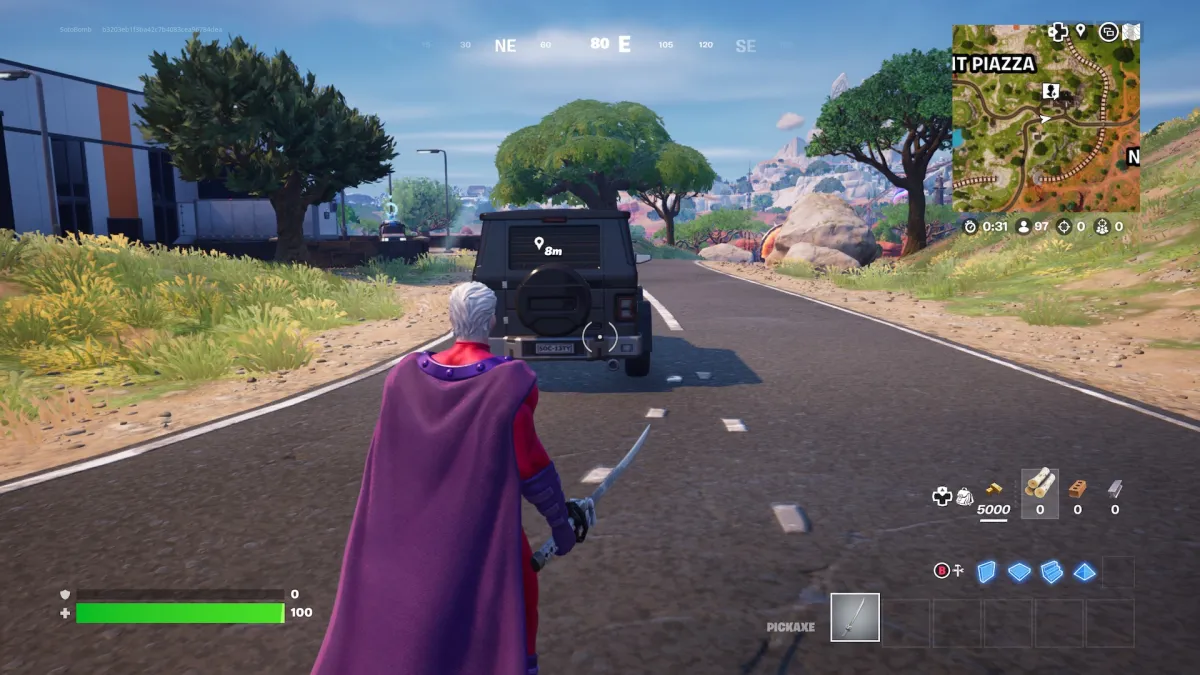 Mangeto next to a vehicle in Fortnite. This image is part of an article about how to slide across a vehicle.