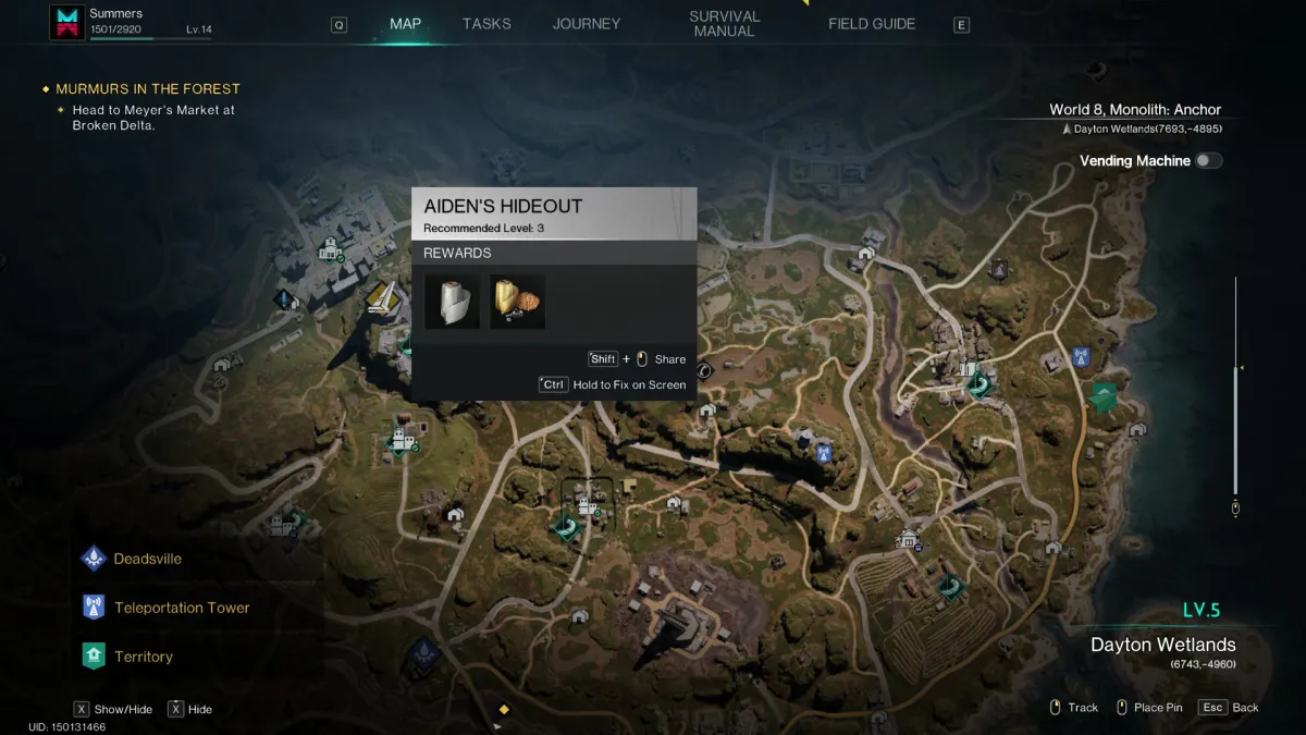 Image of the Once Human map with the cursor over Aiden's Hideout