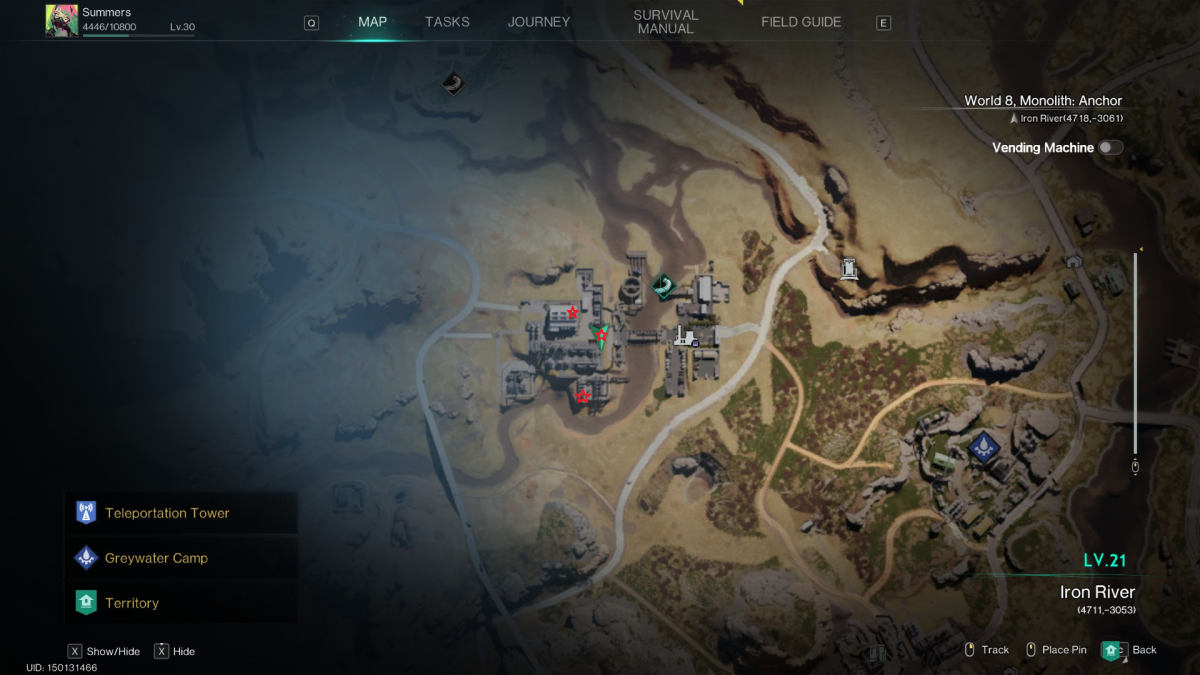 Image of the Once Human map, focused on Greywater Industrial zone, with three red stars marking crate locations on the map