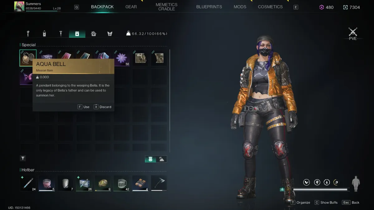 Image of the player's inventory with the cursor hovering over Aqua Bell in the quest menu in Once Human