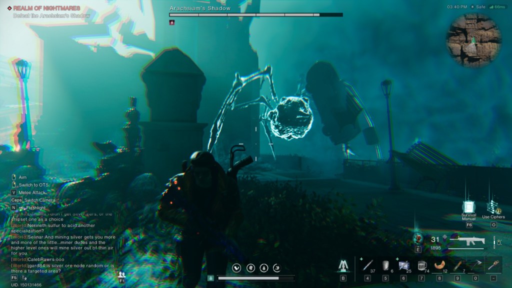 The player runs through a web in Arachsiam's lair in Once Human