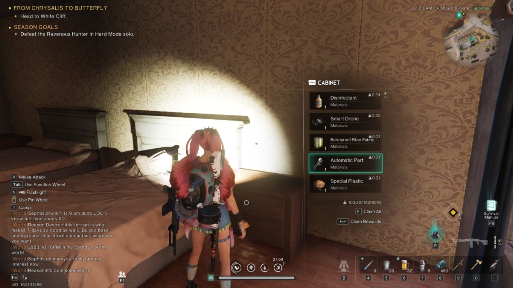 Image of the player standing in a motel room with a cabinet loot box with an Automatic Part amongst the items