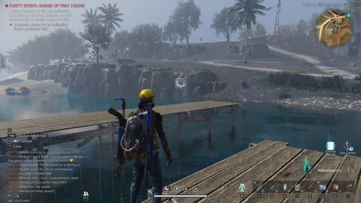 Image of the player standing on a pier in Once Human, looking at a Beaver Deviant hovering over the adjacent pier