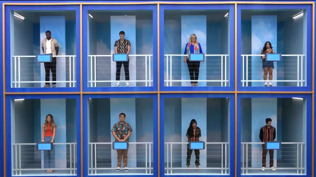 Eight Big Brother housemates, standing in boxes, one storey above the other. 