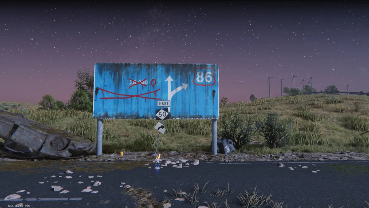 Image of a blue billboard in Once Human set against a twilight sky