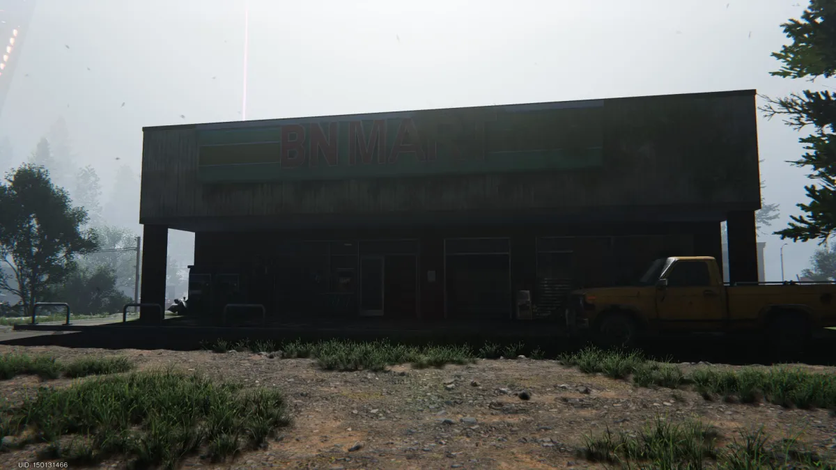 Image of a ruined BN Market with a yellow truck parked out front