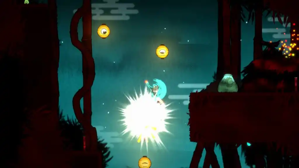 The main character in Bo: Path of the Teal Lotus bouncing off a lantern.