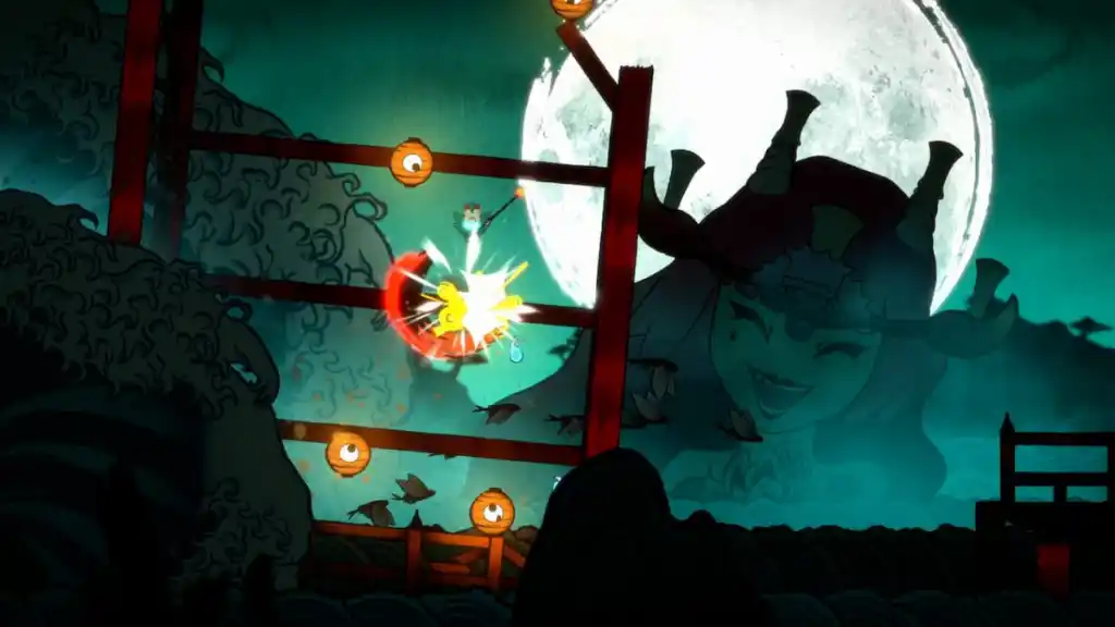 The main character in Bo: Path of the Teal Lotus running and bouncing along while a giant character looks on from the background.