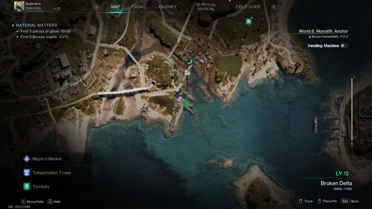 Image of the Once Human map in Harborside with the cursor hovering over the boat location