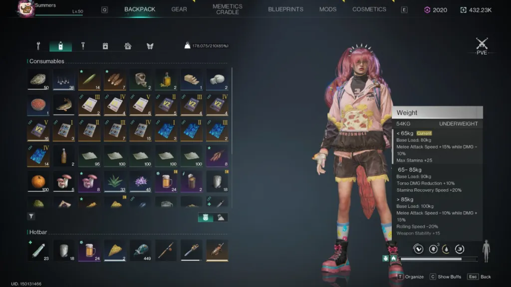 Image of a Meta-Human standing in their item menu with the weight sub-menu selected 