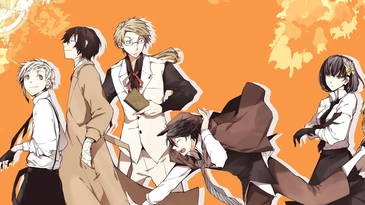 Bungo Stray Dogs, a side-on view of the characters walking in front of an orange background.