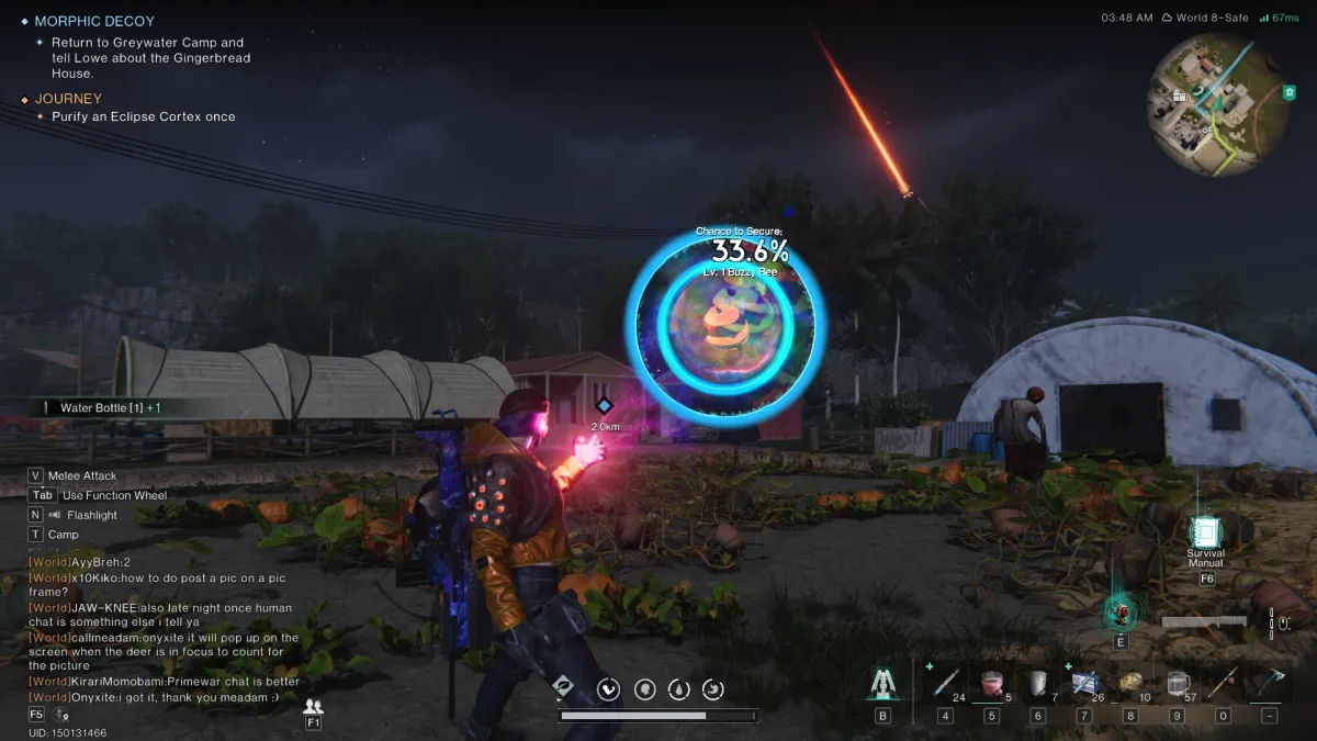 Image of player using their Meta-Human powers on a farm at night to tame a Buzzy Bee