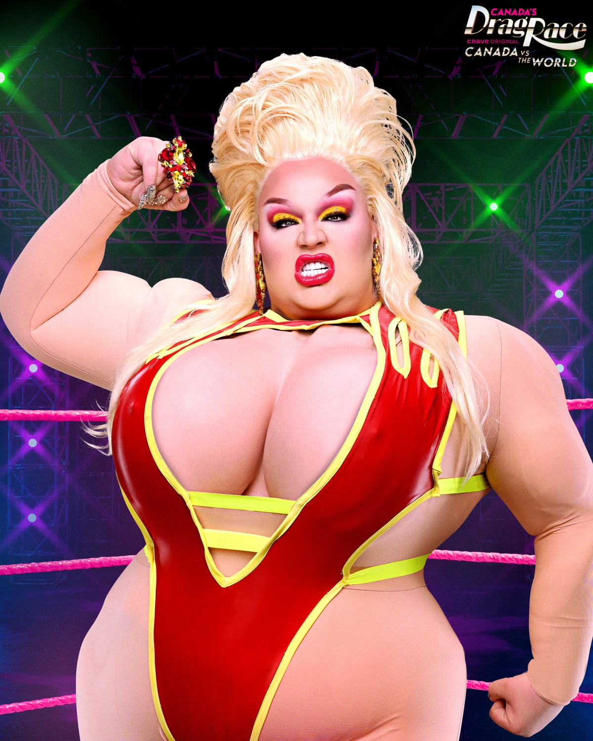 Eureka O'Hara in a muscle suit posing in a cgi ring with a red leotard and prominent assets 