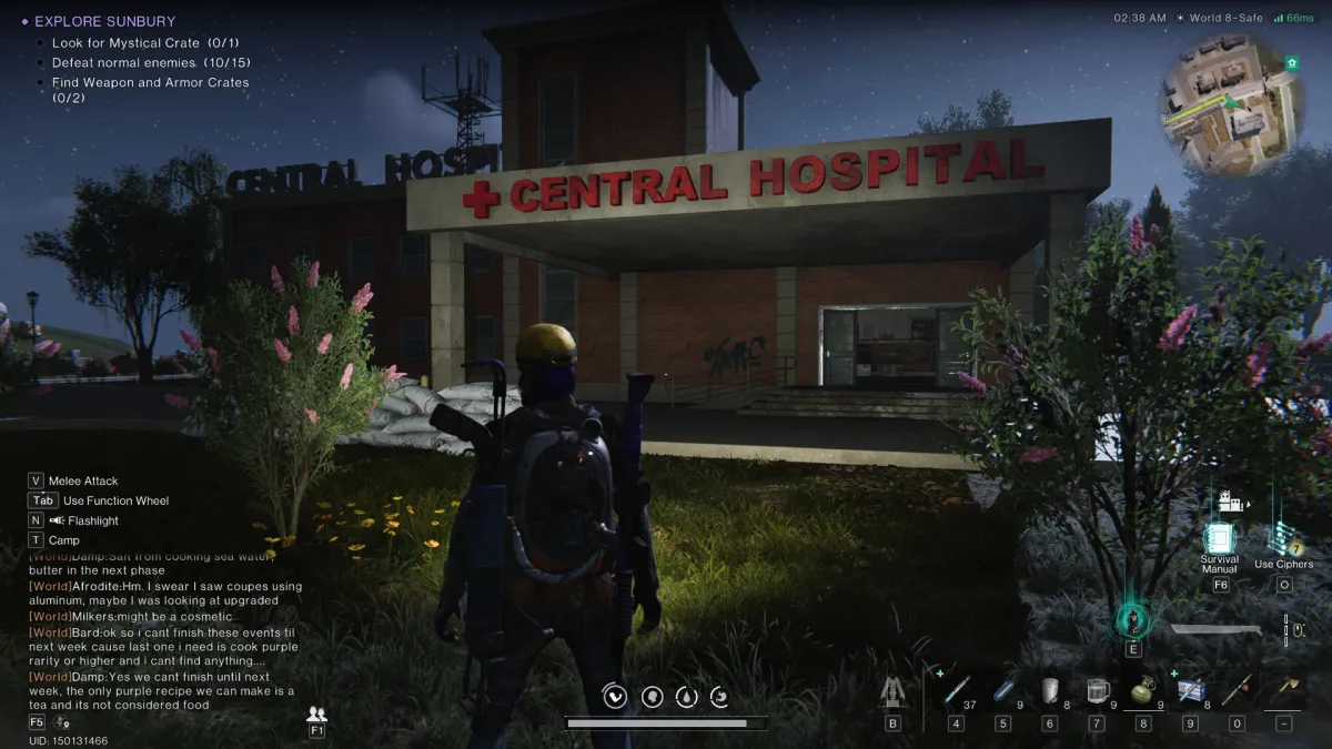 Image of the player character standing and staring at a hospital with a sign that reads Central Hospital on it