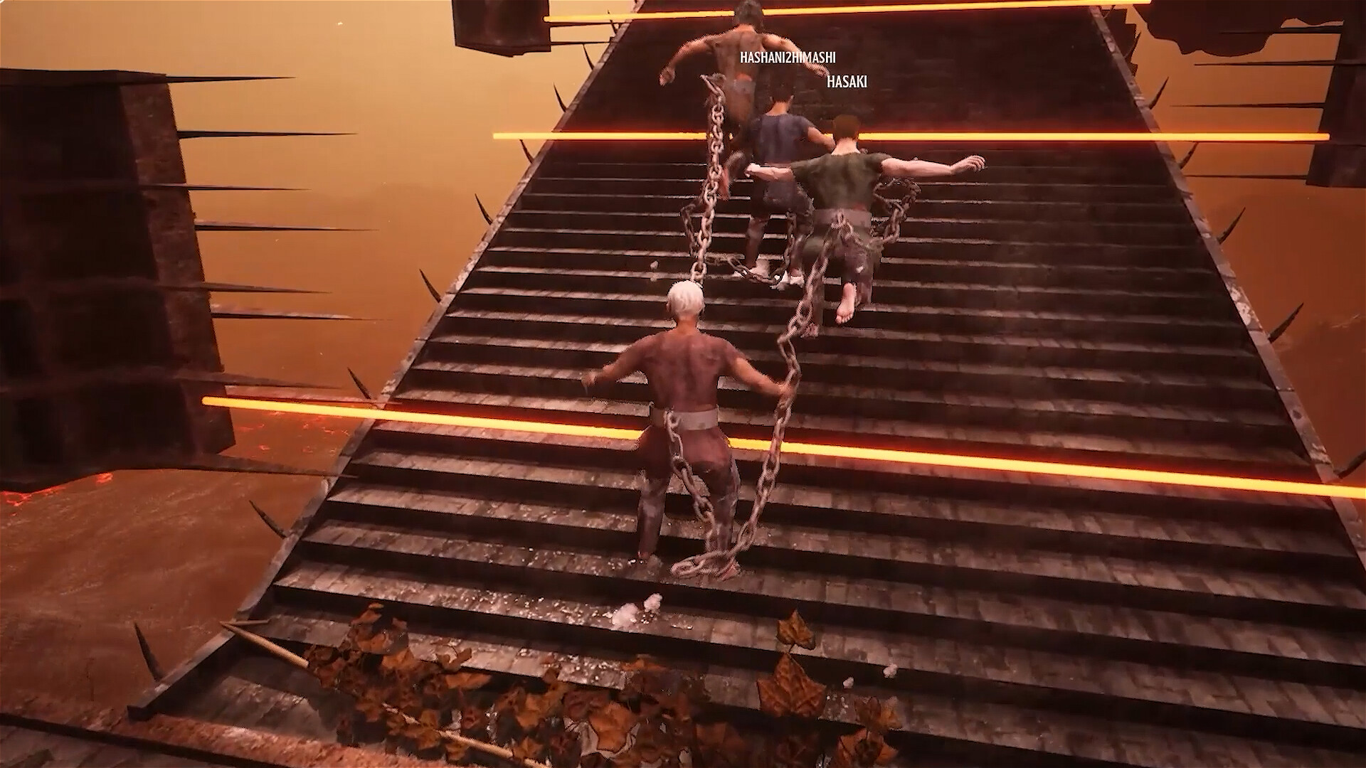 Chained Together, four players in chains ascending the stairs.