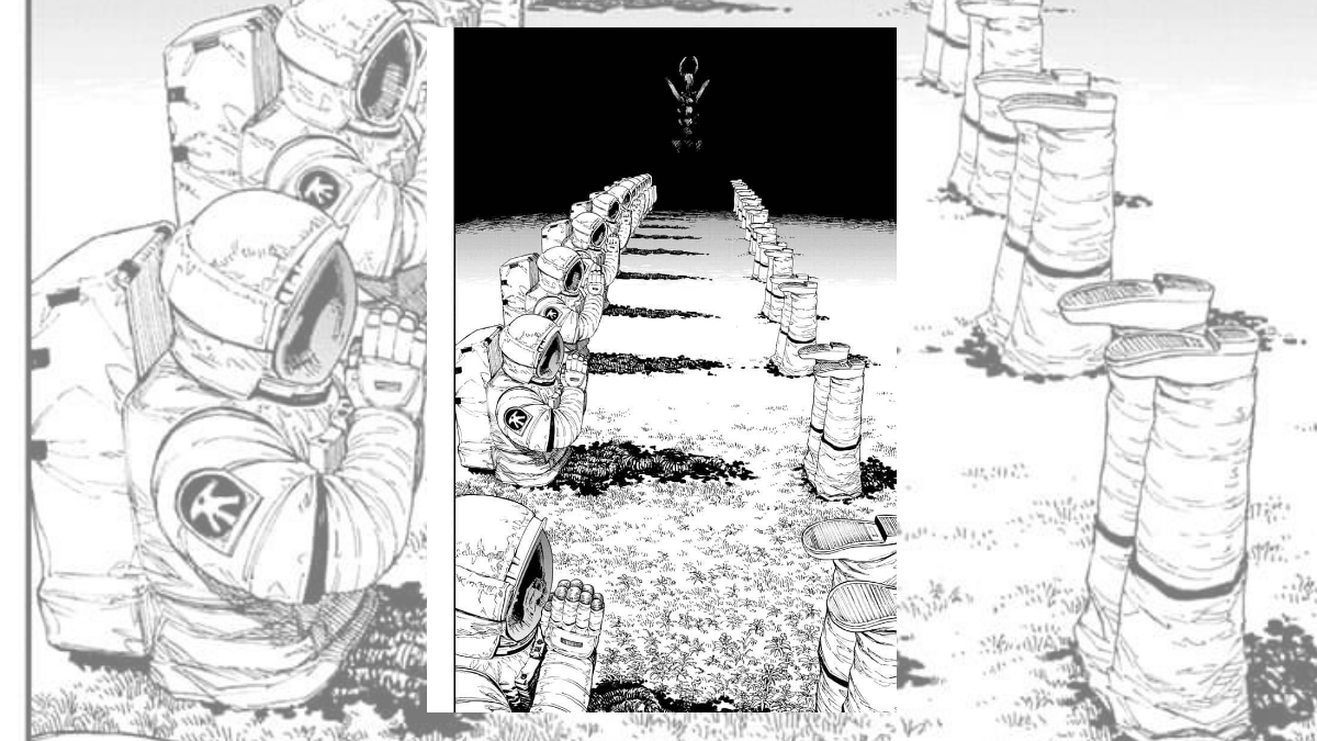 Image of three panels in Chainsaw Man, with thh first panel showing a row of astronauts with their chest on the ground and their hands in prayer, the second panel showing a zoomed out image that reveals the astronauts upside down legs in front of them, and the third panel zoomed in on the legs. 