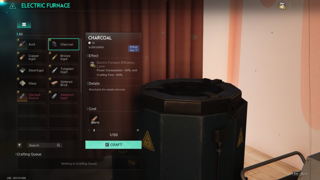 Image of the furnace menu in Once Human, displaying an electric furnace and the charcoal option