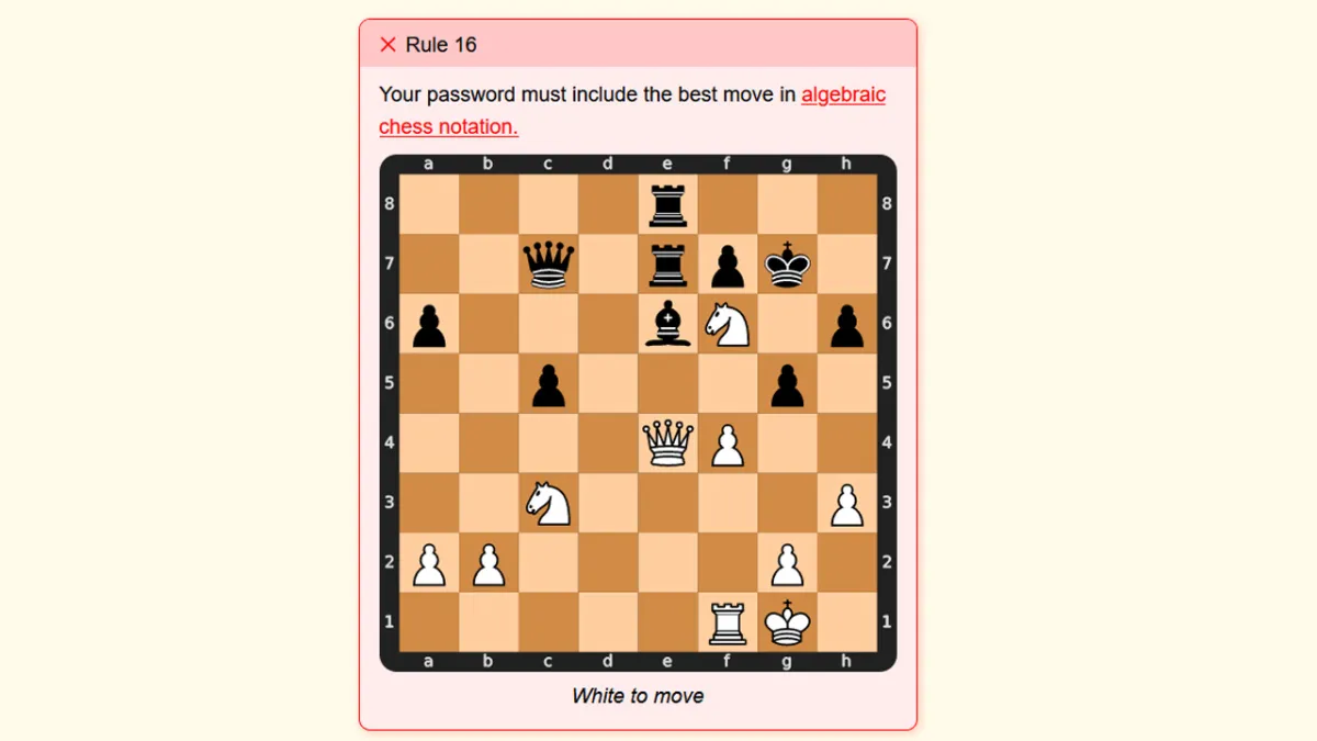 A chess board on a screen in The Password Game, with a prompt asking for the best move in algebraic chess notation. 