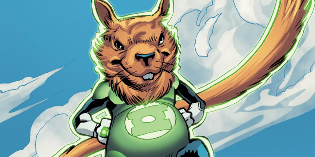 Ch'p, a Green Lantern squirrel, posing in front of a bright, cloudy sky