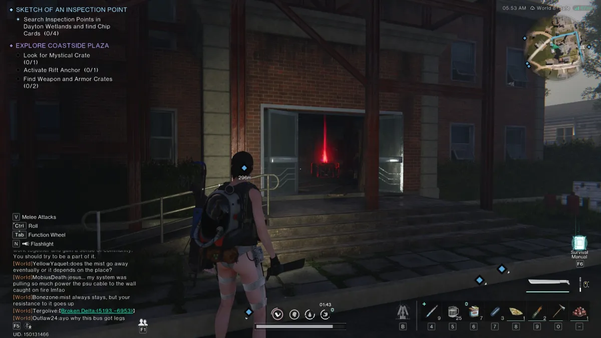 Image of the player standing in front of the hospital with the armor crate inside the door, glowing red in Once Human