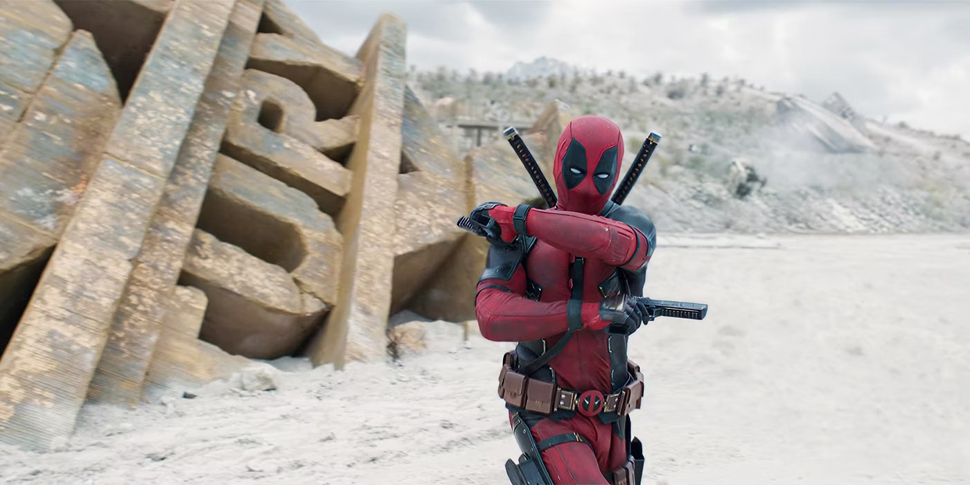 Deadpool stands in front of the 20th Century Fox logo in Deadpool & Wolverine