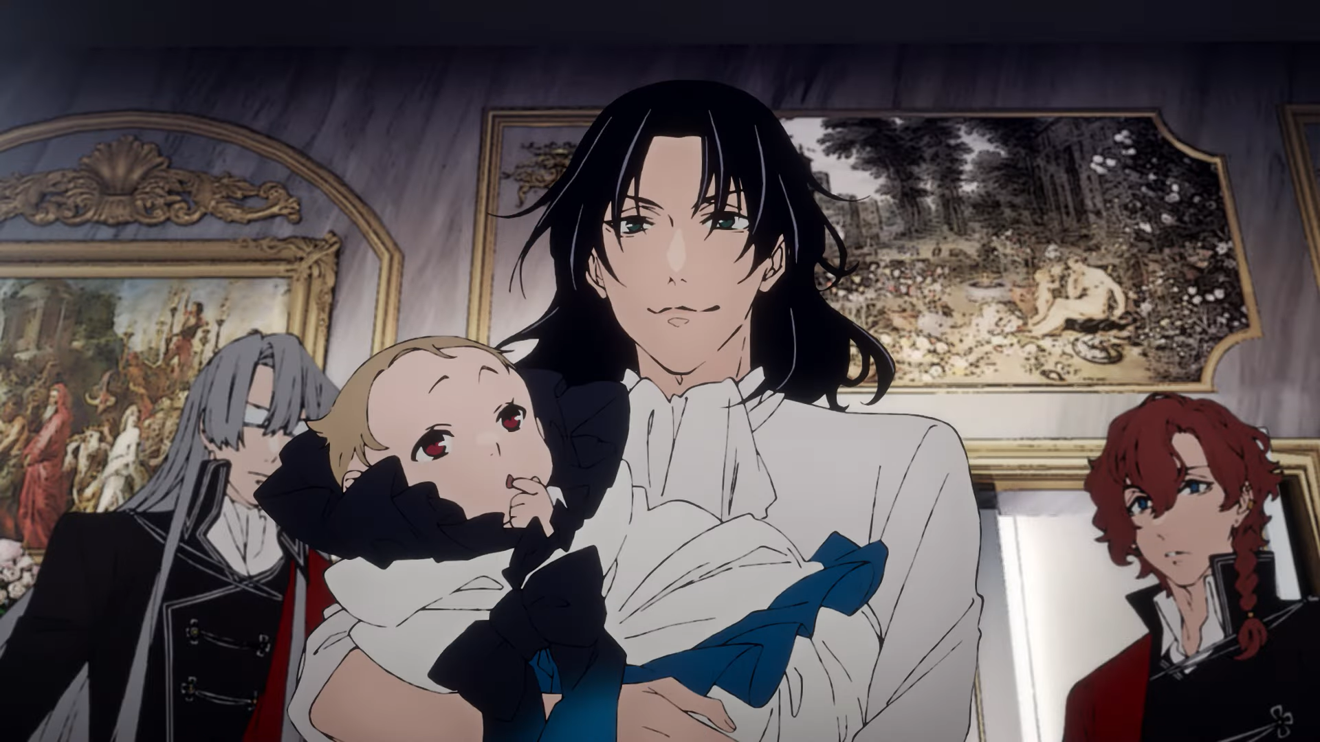 Dali holds a baby while his vampire friends look on