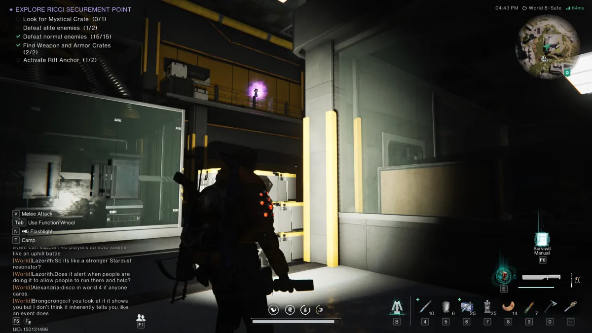 Image of the player looking up to the left to the doll hovering over the second-floor railing in a basement lab