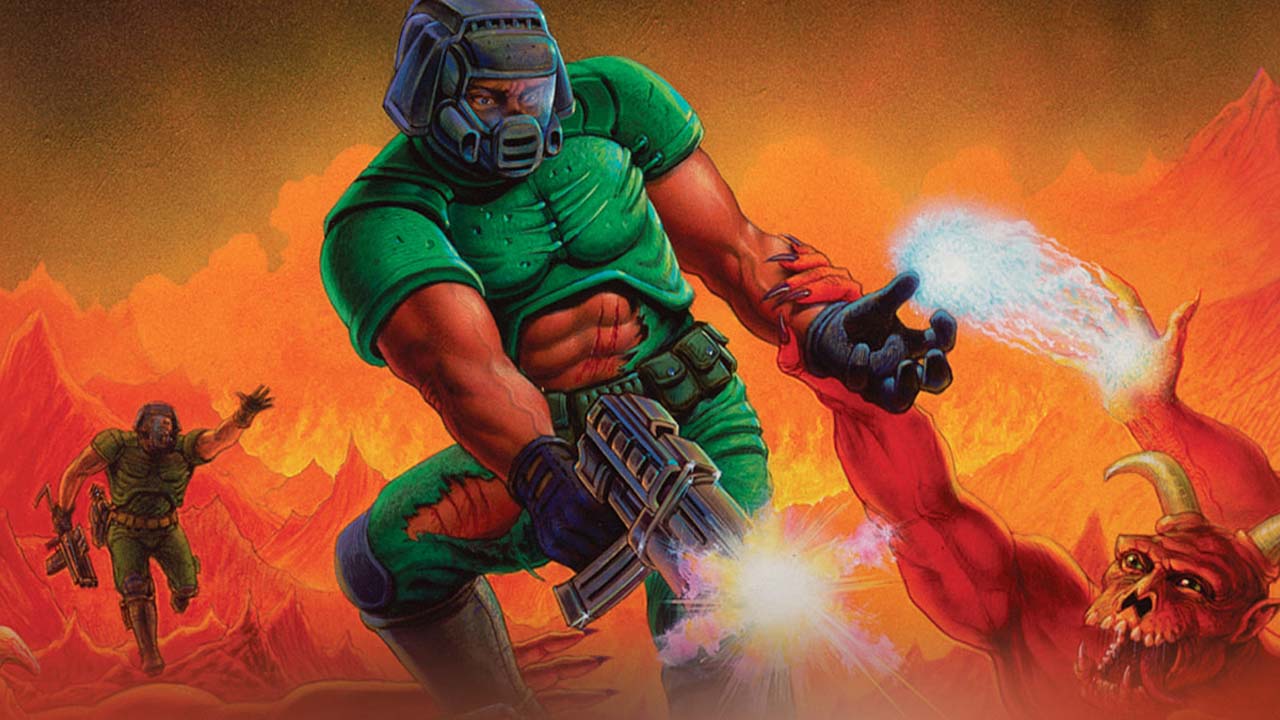 The cover of Doom, with the Doom Marine blasting demons.