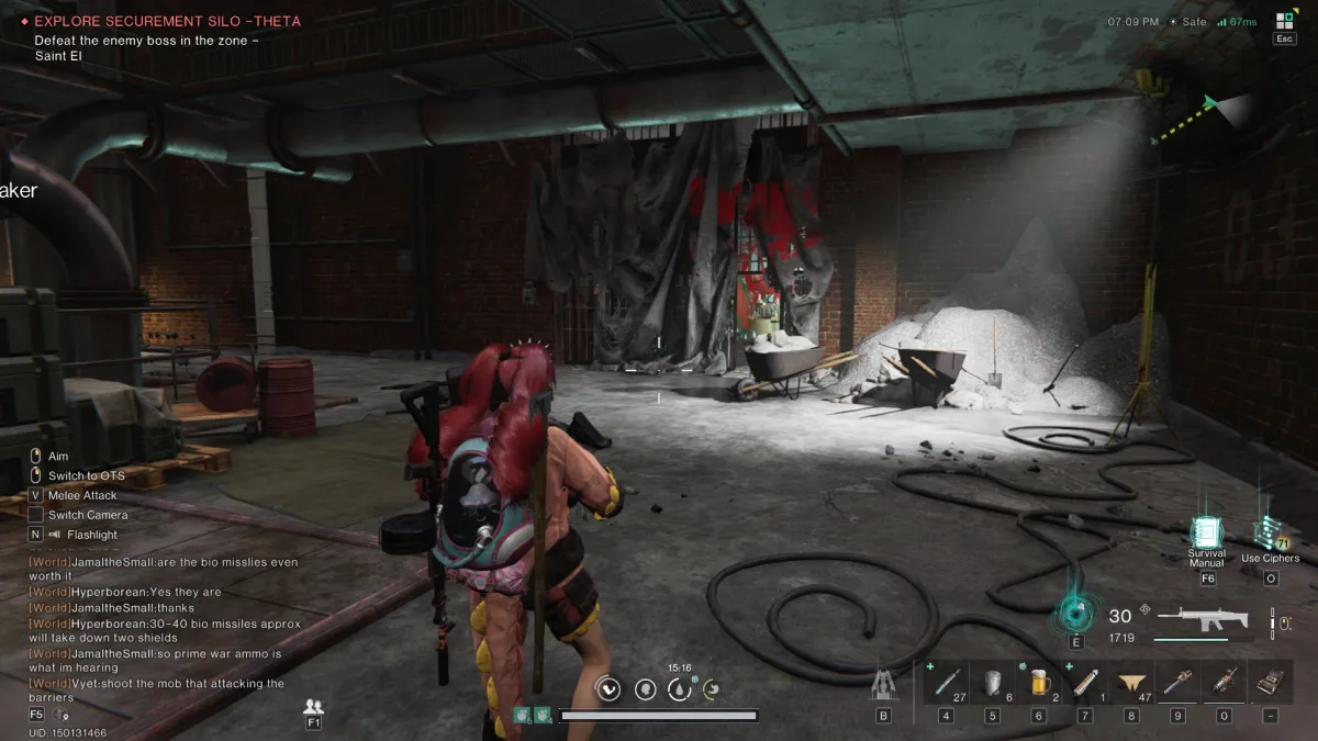 The player stands in a ruined room, looking at a door hidden behind a black tarp painted red in Silo Securement Theta in Once Human