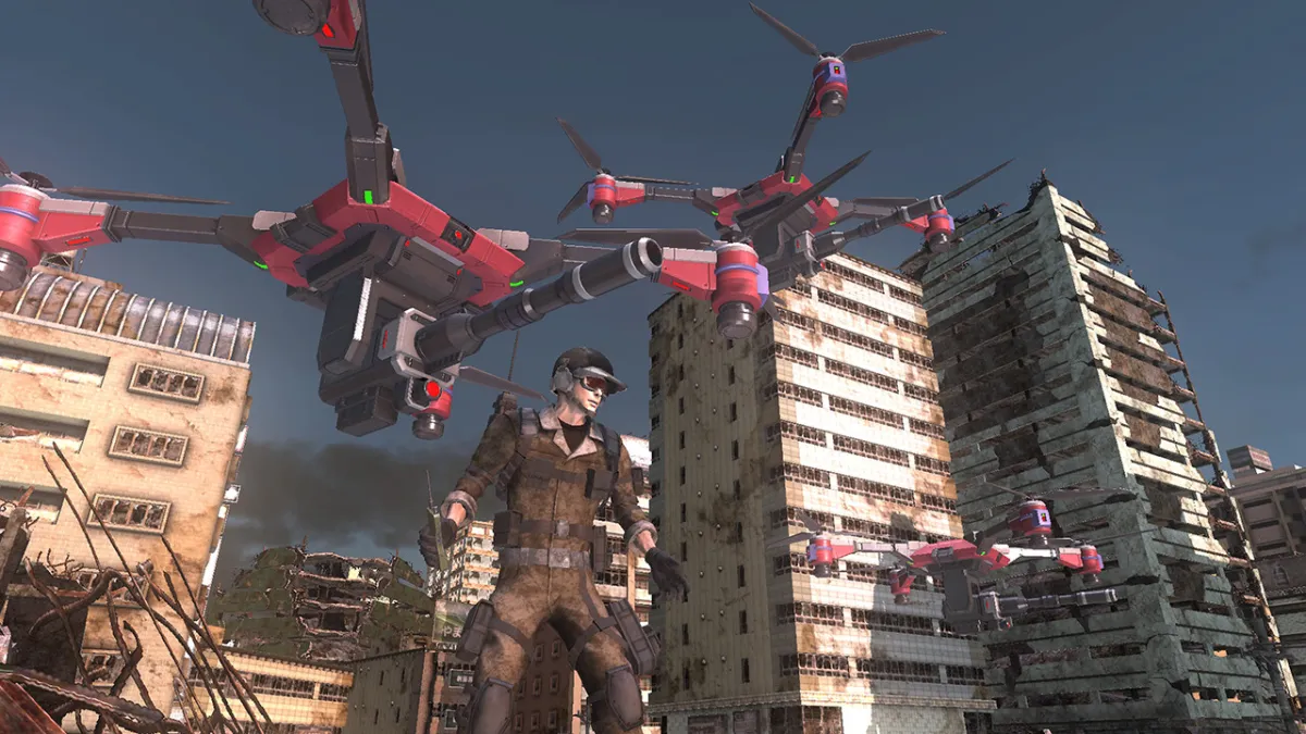 Image of a fighter standing in a ruined city with several red ships hovering over him in Earth Defense 6