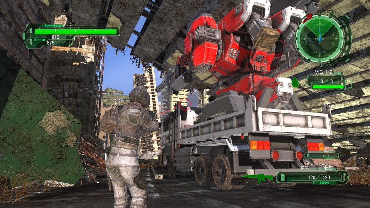 A soldier in Earth Defense Force 6 aims down their sight looking at a truck which has a massive turret on its bed 