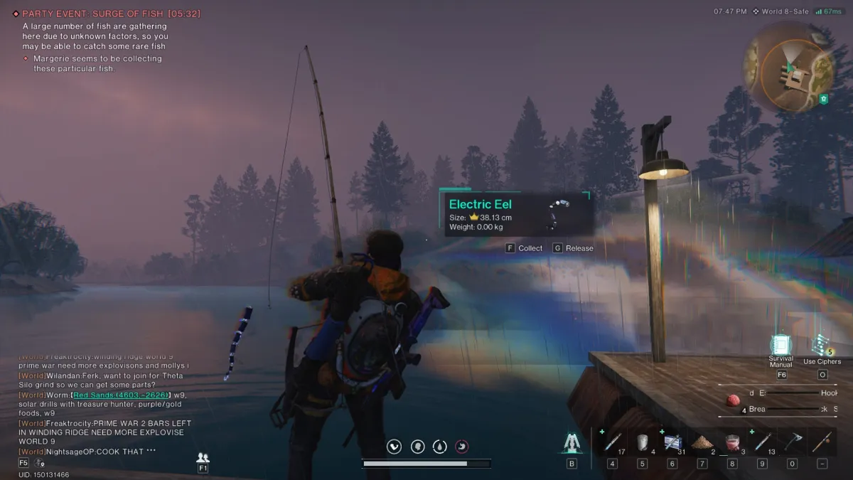 The player leans back on a pier at dusk as they reel in an electric eel deviant in Once Human