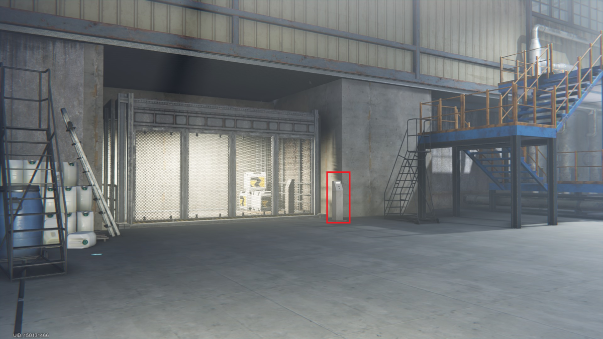 Image of a non-descript grey warehouse wall, with an elevator lift button marked in red