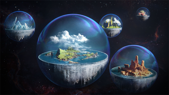 Image of several globes with various biomes in them floating in space in Once Human