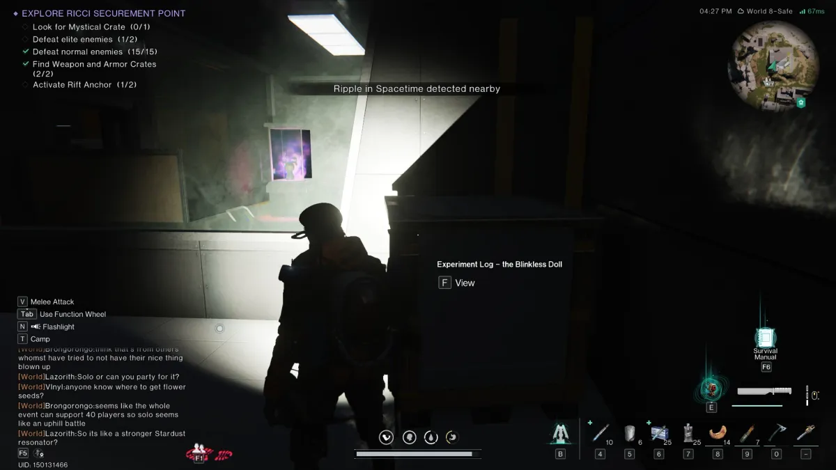 Image of the player looking at a doll through the glass in Once Human