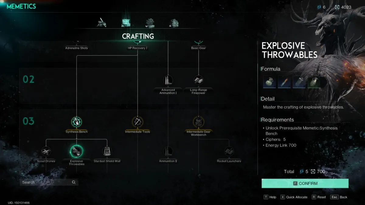 Image of the crafting menu in Once Human, with explosive throwables selected