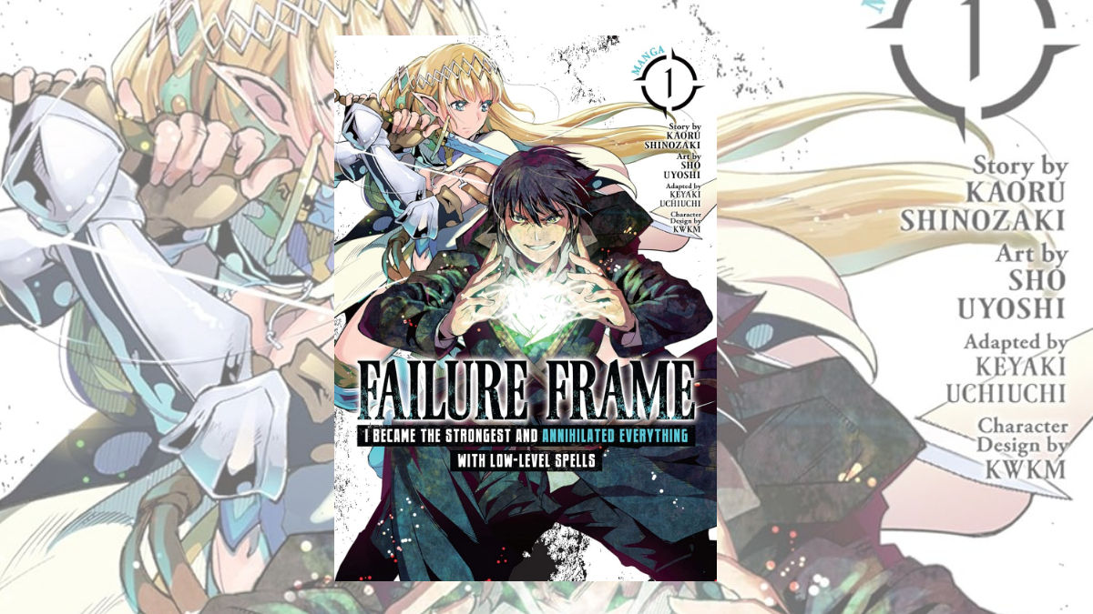 Image of the manga cover of Failure Frame superimposed over a close up of the woman in the panel 