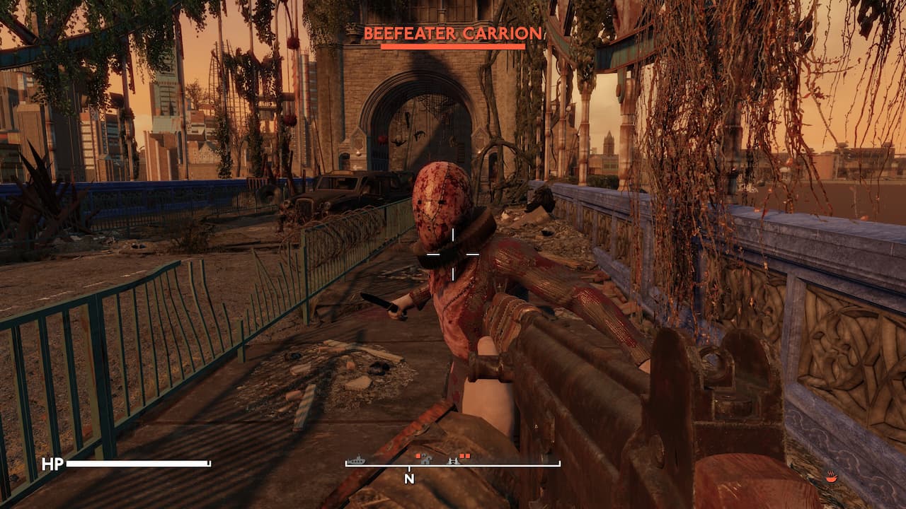 Fallout London, a character dressed in a gruesome suit, a "Beefeater Carrion" attacknig the player.